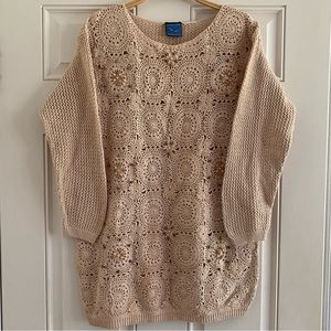 Vintage 90s Jantzen Bohemian Crochet Knit Crewneck Sweater Beaded Beachy Beige